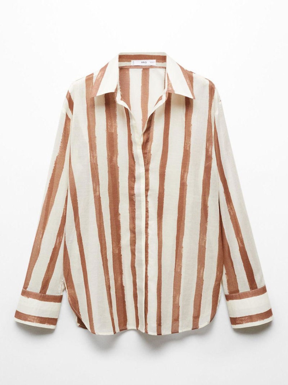 MNG Mango Striped Button Front Blouse XL Cream Brown Lightweight